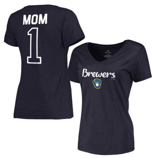 2020 MLB Milwaukee Brewers Women 2017 Mother Day #1 Mom VNeck TShirt  Navy